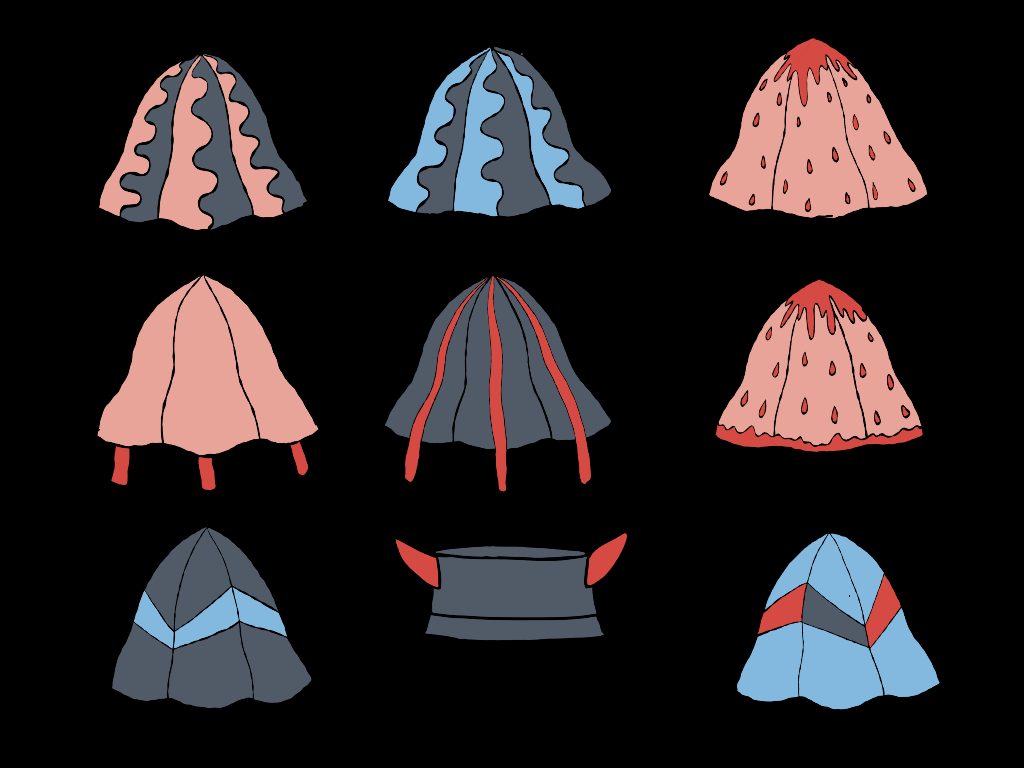 Digital illustration sheet of nine bucket hat designs in pink, blue and red