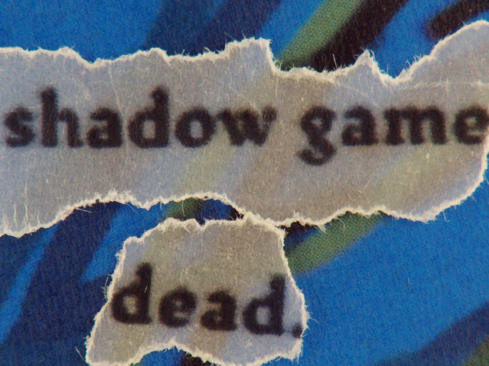 Blue and yellow page with torn text reading shadow game