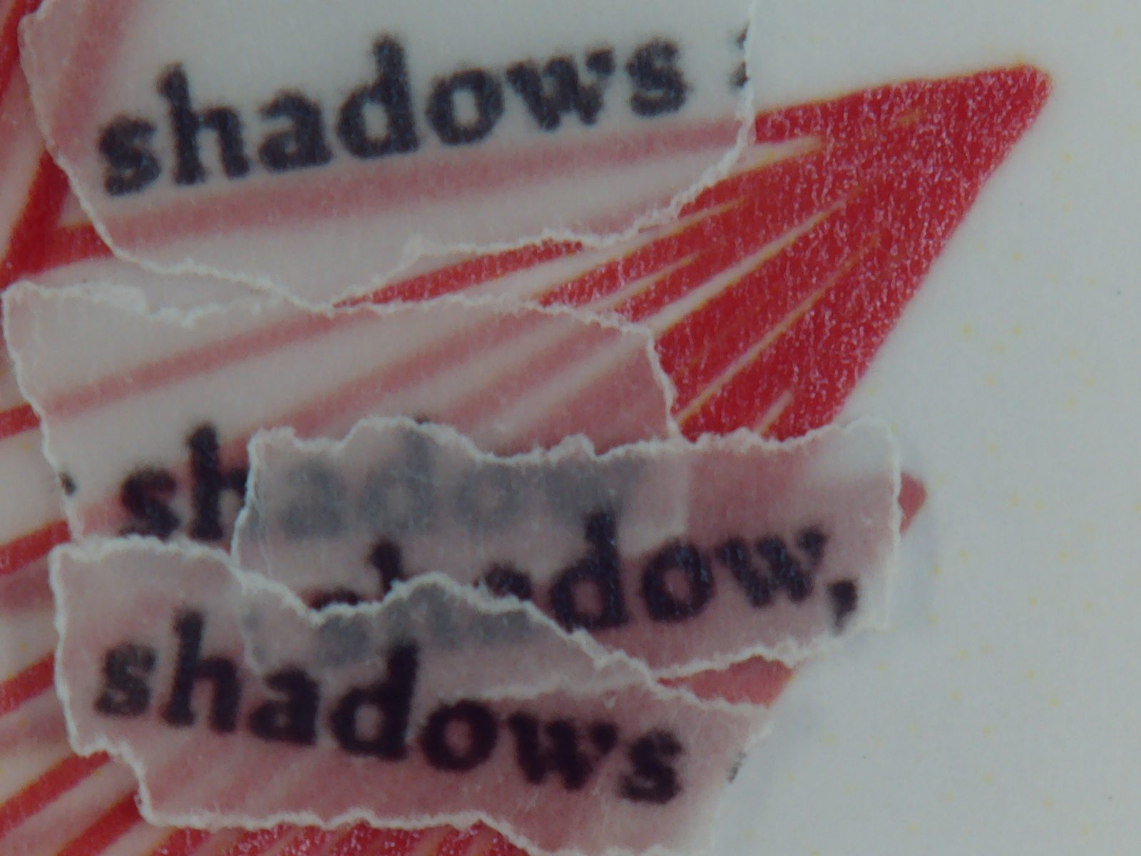 Pink and red page detail with torn text reading shadows