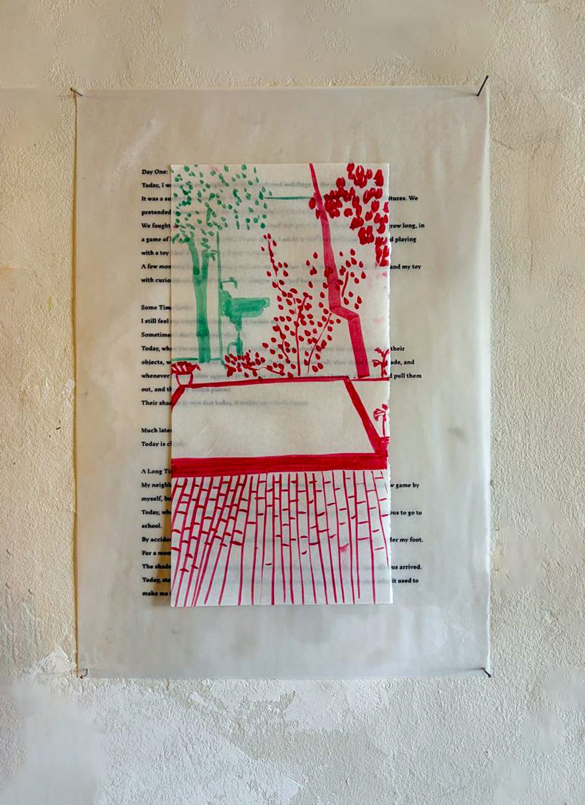Print combining green stitched text and a red embroidered lamp and table
