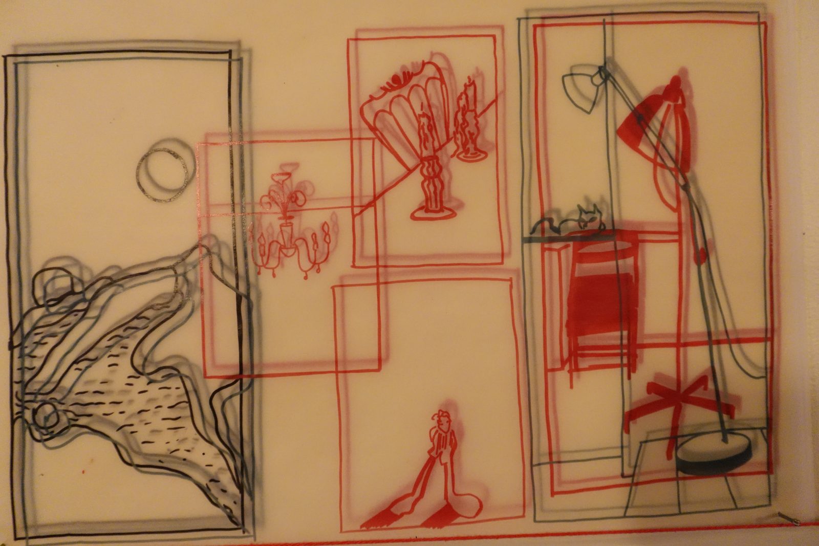 Large red and black continuous line drawing with lamps, shelves and shoes