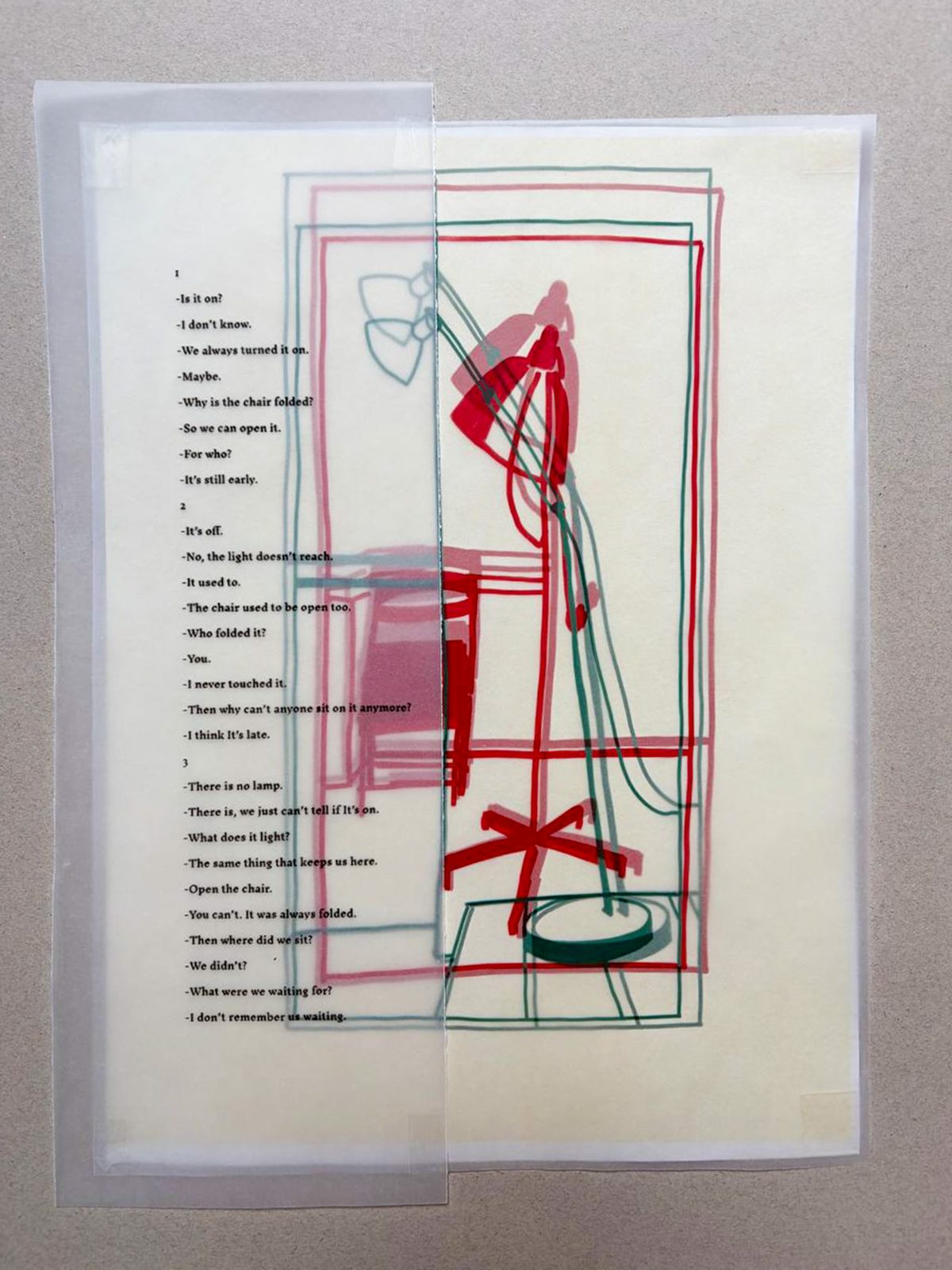 Translucent sheet with red and green stitched drawing layered over a poem